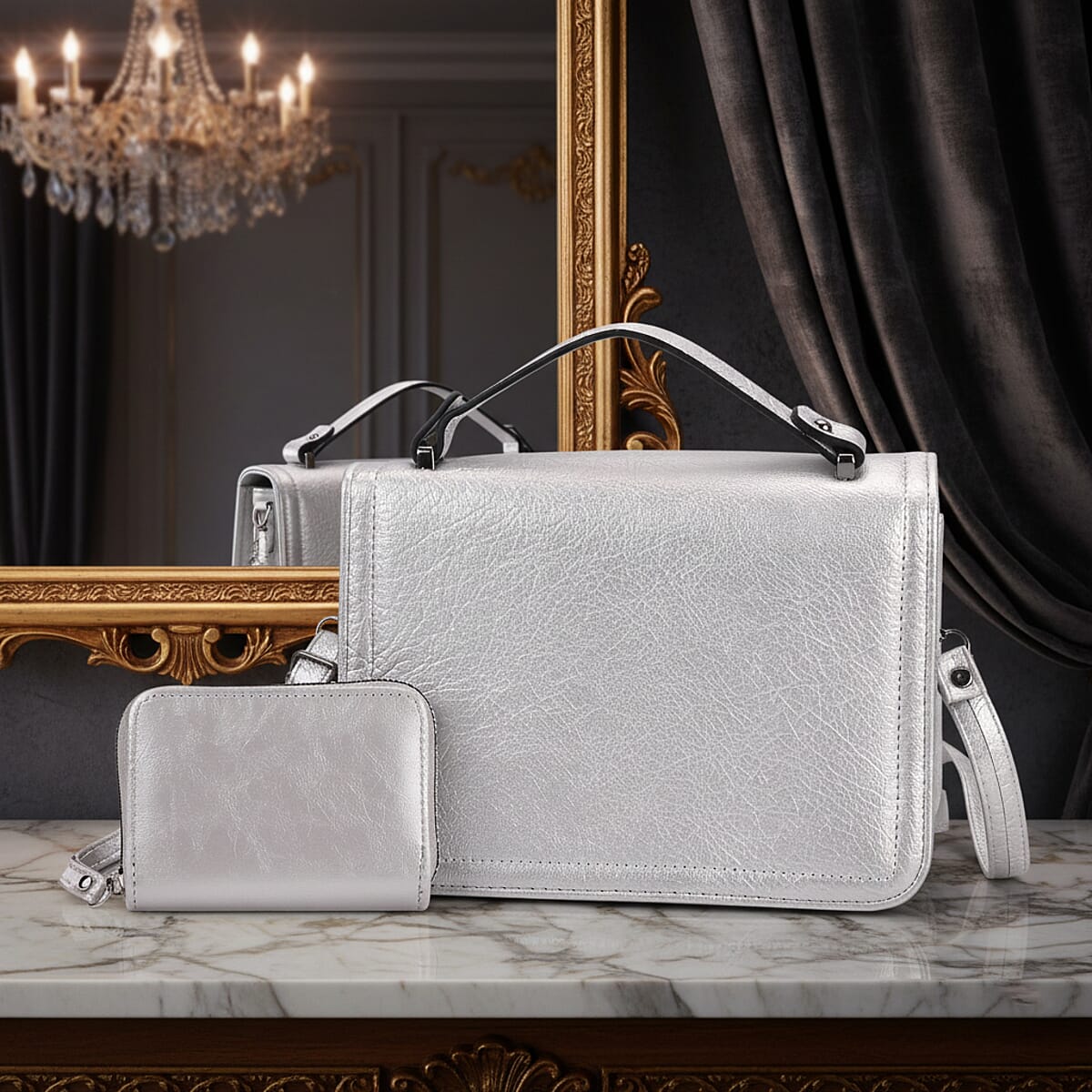 Silver Faux Leather Crossbody Bag with Shoulder Strap and Card Holder image number 1