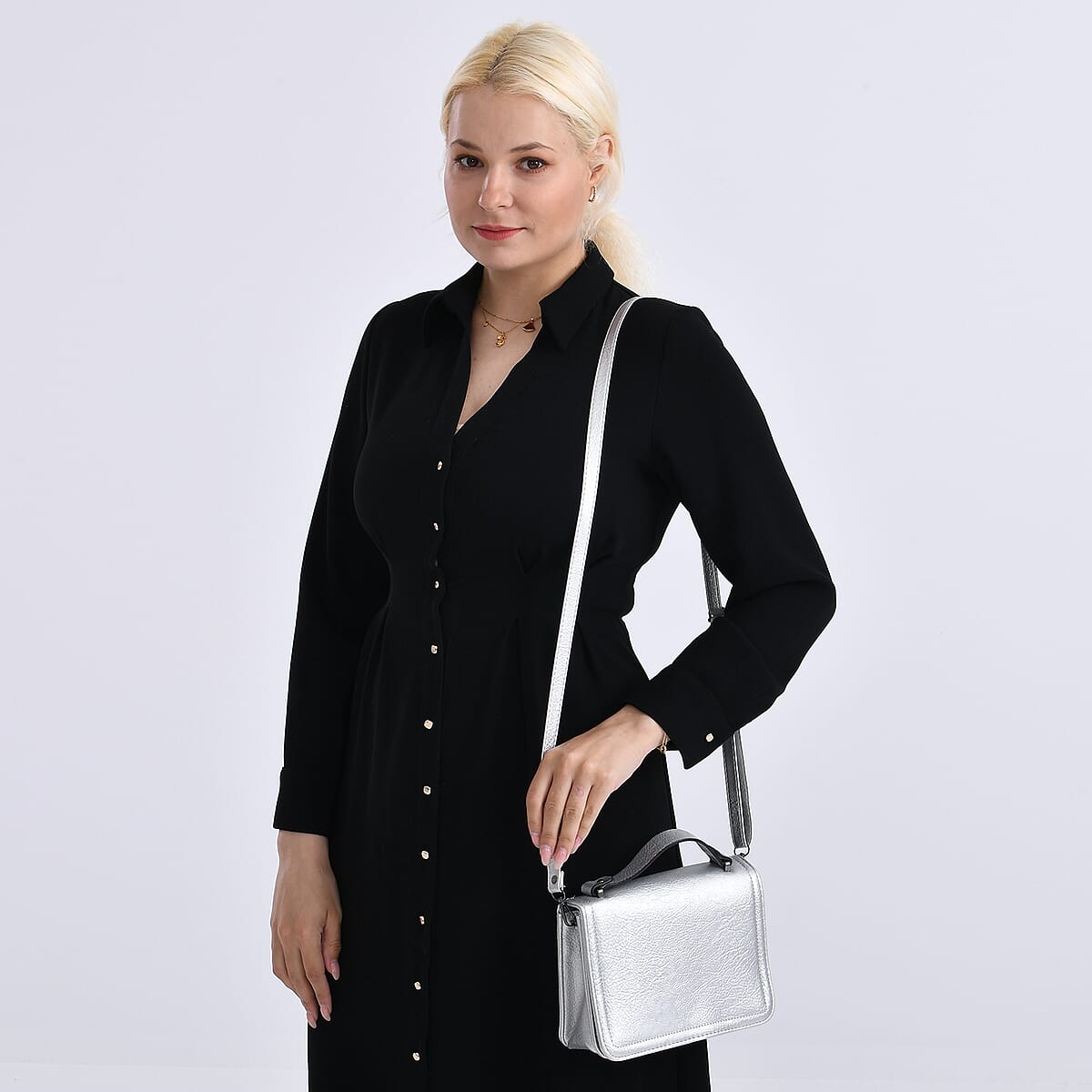 Silver Faux Leather Crossbody Bag with Shoulder Strap and Card Holder image number 2