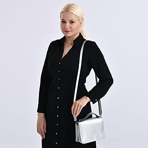 Silver Faux Leather Crossbody Bag with Shoulder Strap and Card Holder