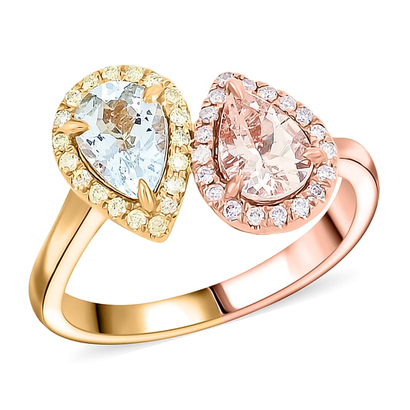Modani  Aquamarine, Morganite, Natural Pink and Yellow Diamond Ring in 14K Yellow and Rose Gold 1.00 ctw (Size 10.0)