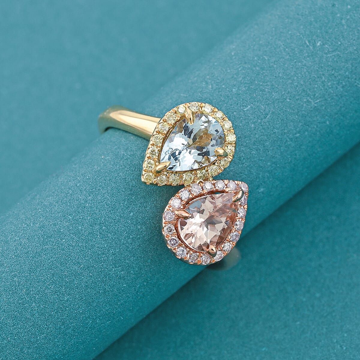 14K Yellow and Rose Gold Aquamarine, Morganite, Natural Pink and Yellow Diamond (0.19 cts) Ring (Size 10.0) 1.00 ctw image number 1