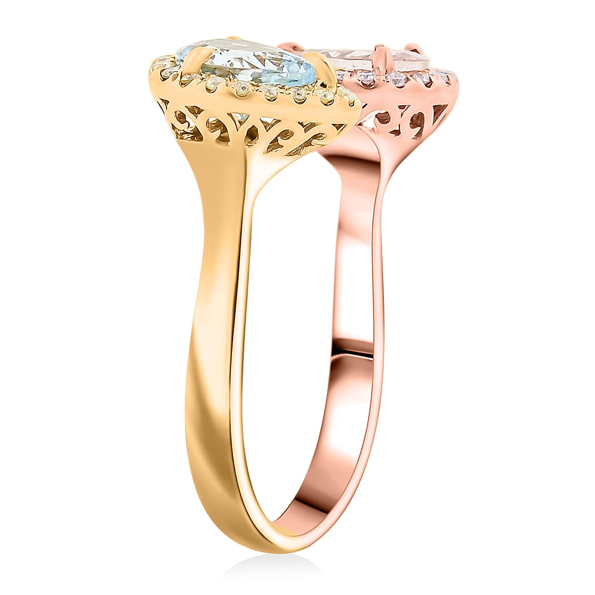 14K Yellow and Rose Gold Aquamarine, Morganite, Natural Pink and Yellow Diamond (0.19 cts) Ring (Size 10.0) 1.00 ctw image number 3