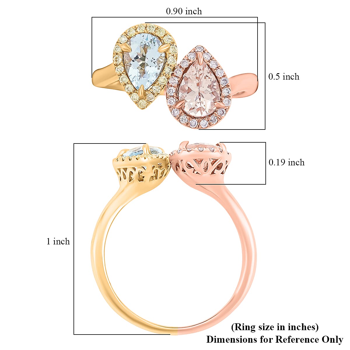 14K Yellow and Rose Gold Aquamarine, Morganite, Natural Pink and Yellow Diamond (0.19 cts) Ring (Size 10.0) 1.00 ctw image number 5