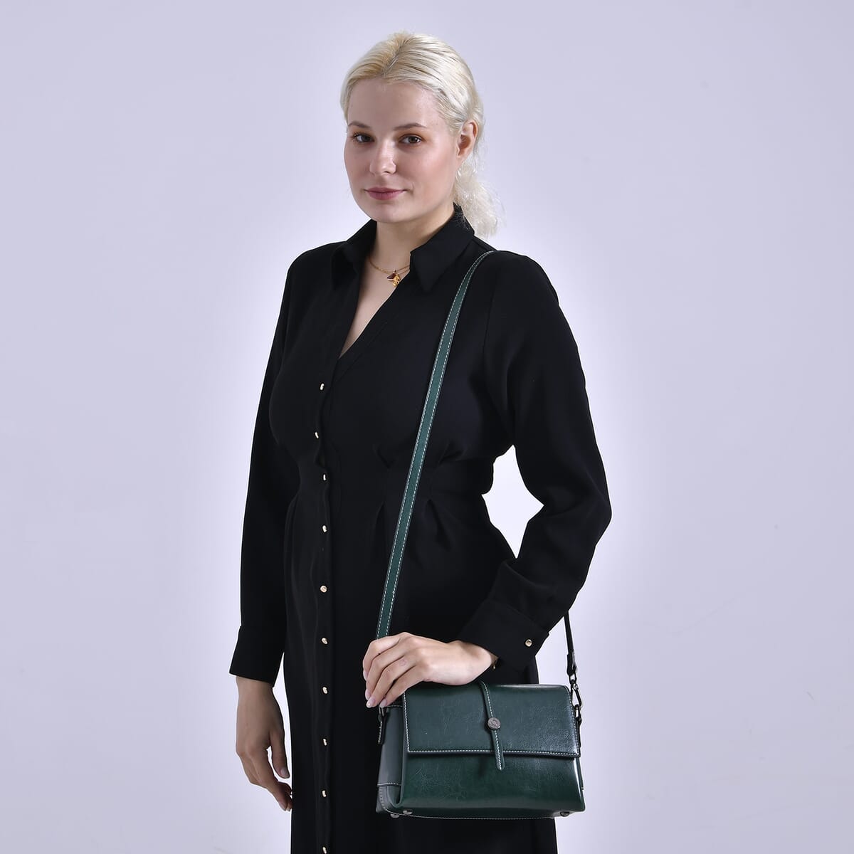 Closeout Deal Green Genuine Leather Flap Over Crossbody Bag with 2 Shoulder Strap image number 1