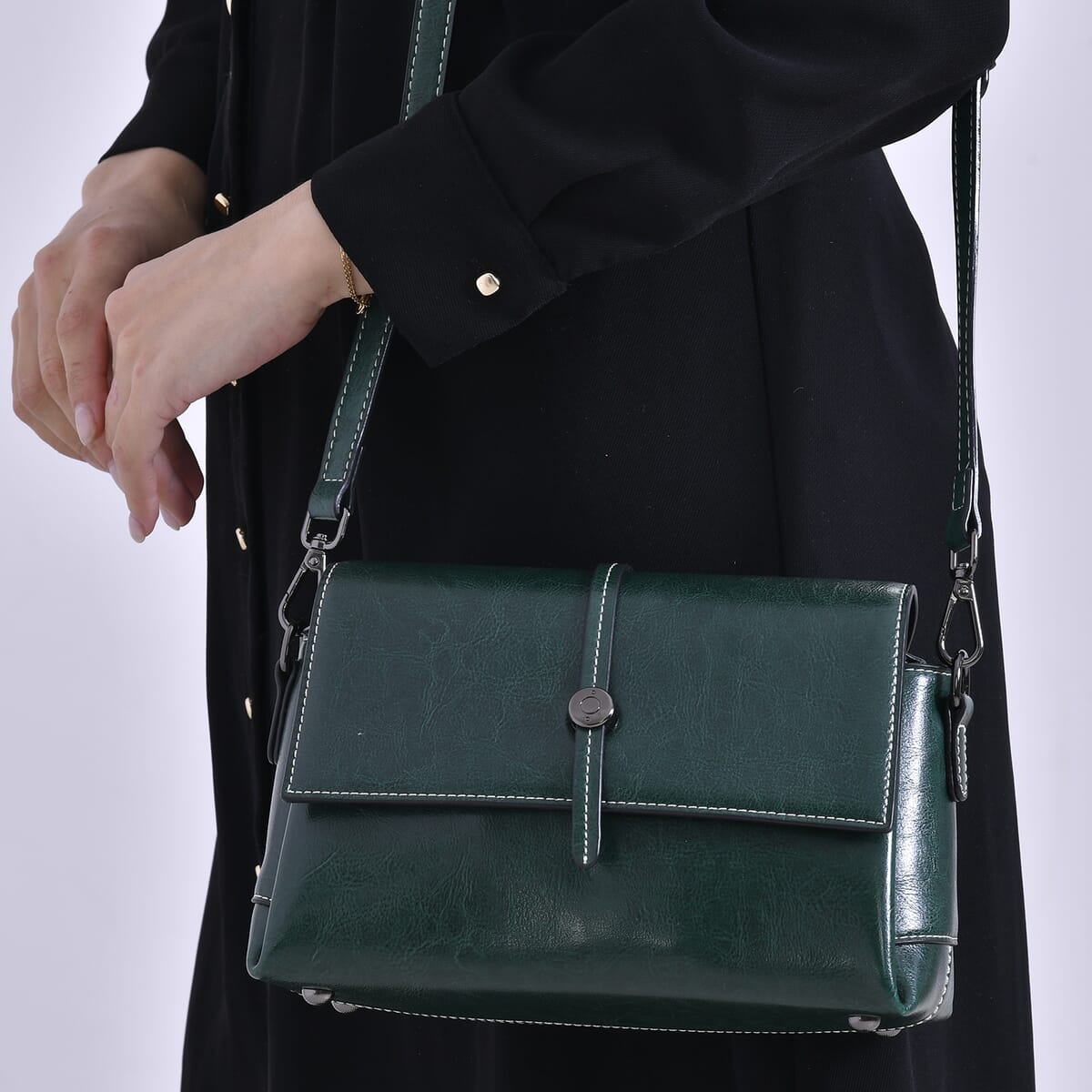 Closeout Deal Green Genuine Leather Flap Over Crossbody Bag with 2 Shoulder Strap image number 2