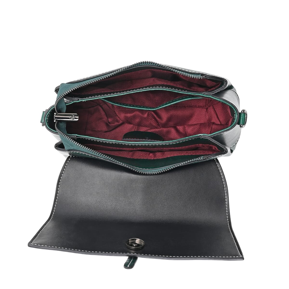 Closeout Deal Green Genuine Leather Flap Over Crossbody Bag with 2 Shoulder Strap image number 5