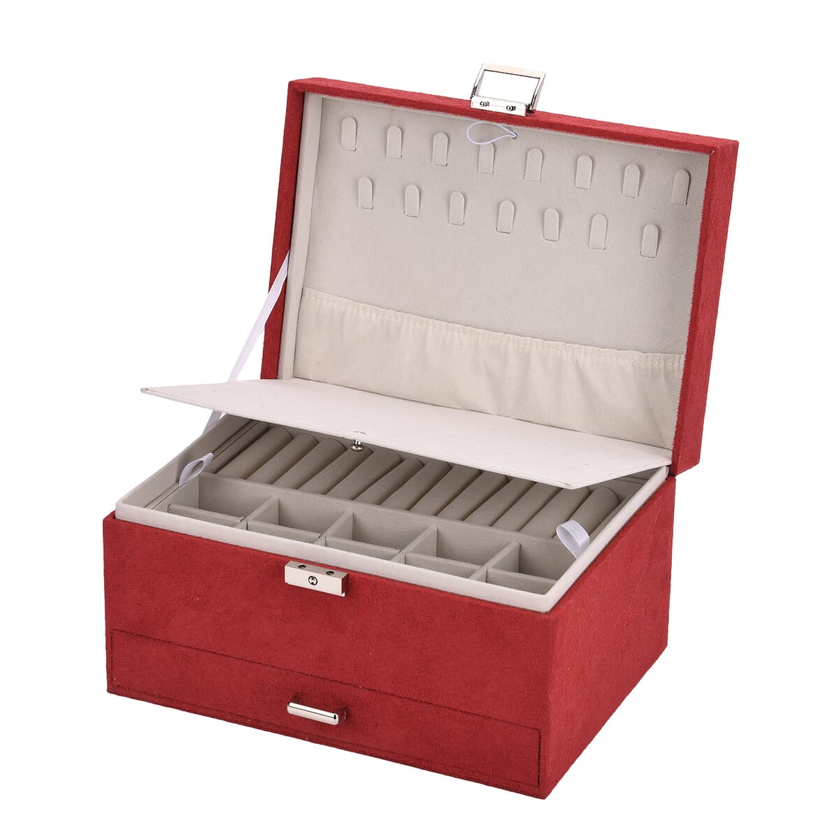 Wine Red Anti Tarnish 4 Layer Velvet and MDF Jewelry Box (9.4“x6.7“x5.6“) image number 6