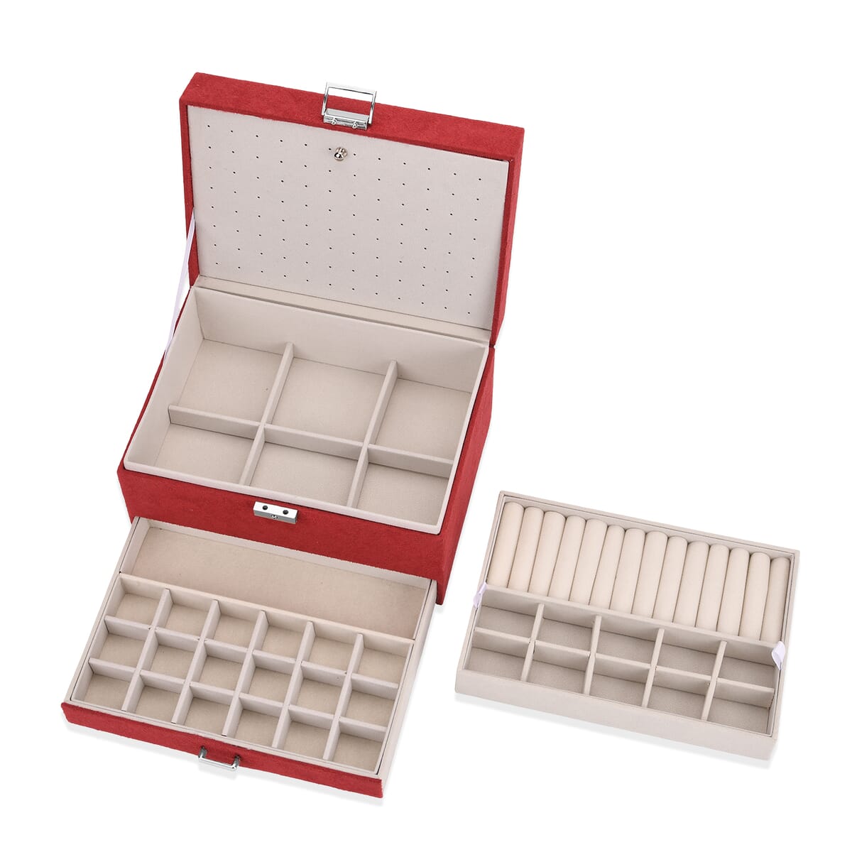 Wine Red Anti Tarnish 4 Layer Velvet and MDF Jewelry Box (9.4“x6.7“x5.6“) image number 7