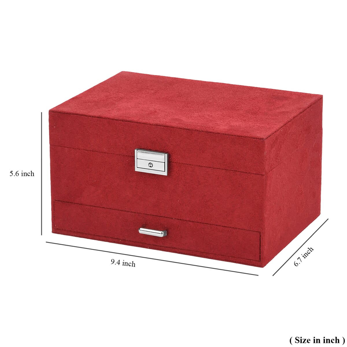 Wine Red Anti Tarnish 4 Layer Velvet and MDF Jewelry Box (9.4“x6.7“x5.6“) image number 9