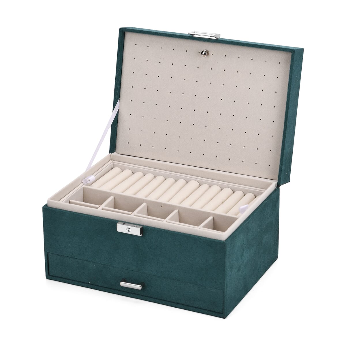Olive Green Anti Tarnish 4 Layer Velvet and MDF Jewelry Box (9.4“x6.7“x5.6“) image number 5