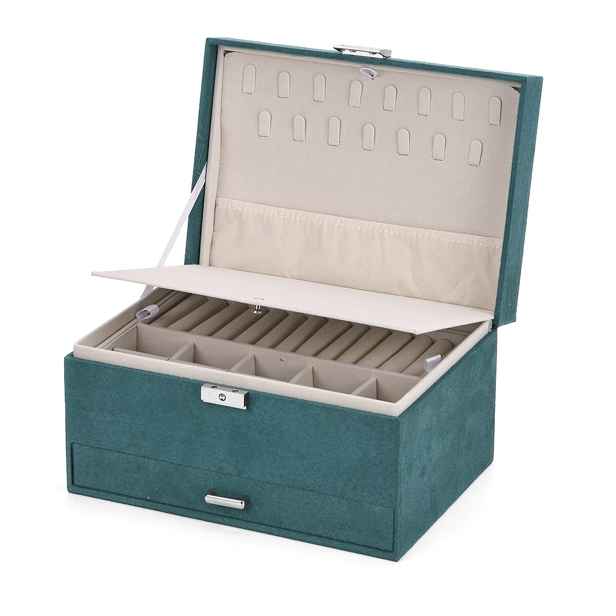 Olive Green Anti Tarnish 4 Layer Velvet and MDF Jewelry Box (9.4“x6.7“x5.6“) image number 6