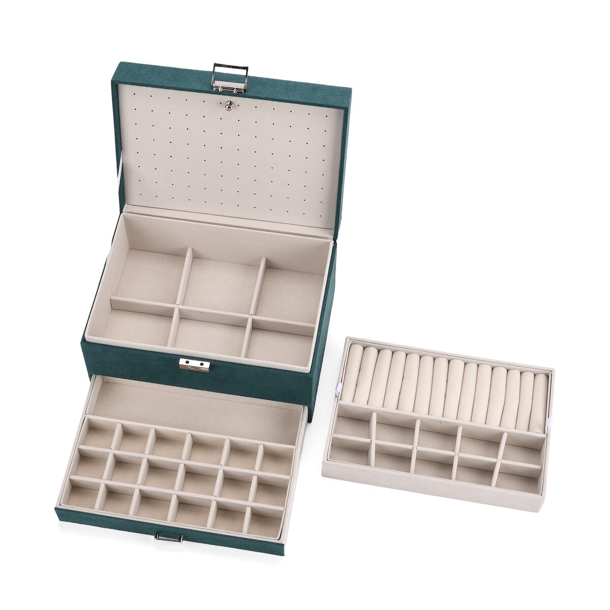 Olive Green Anti Tarnish 4 Layer Velvet and MDF Jewelry Box (9.4“x6.7“x5.6“) image number 7