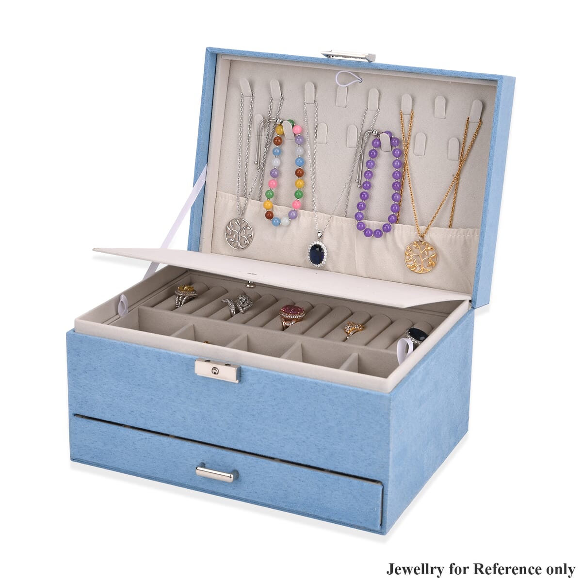 Turquoise Blue Anti Tarnish 4 Layer Velvet and MDF Jewelry Box (9.4“x6.7“x5.6“) image number 4