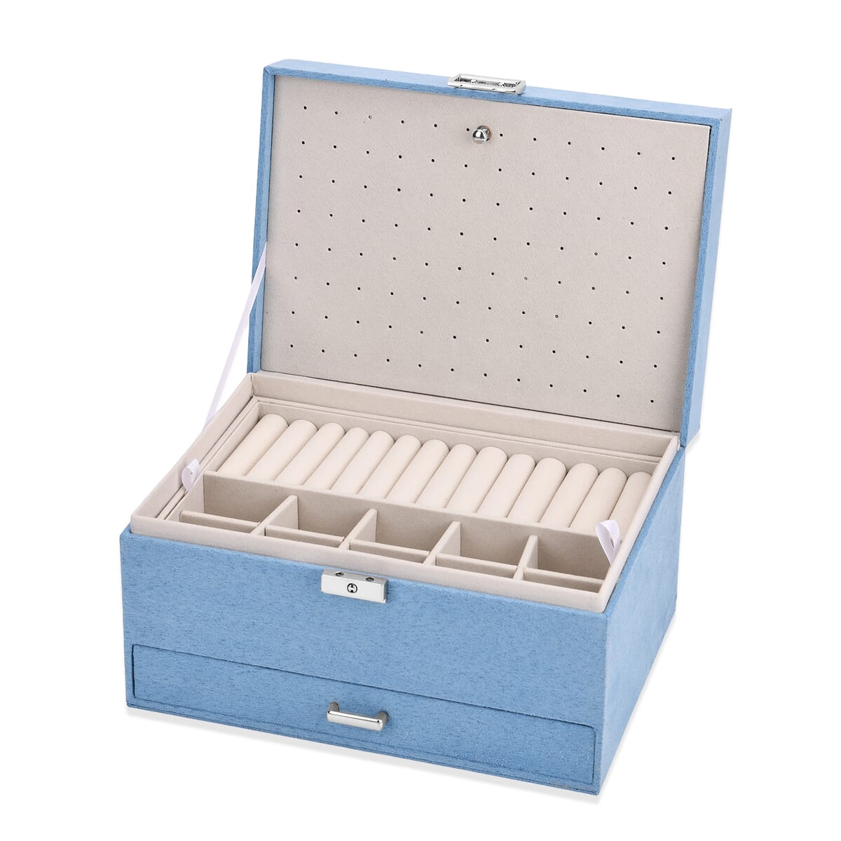 Turquoise Blue Anti Tarnish 4 Layer Velvet and MDF Jewelry Box (9.4“x6.7“x5.6“) image number 5
