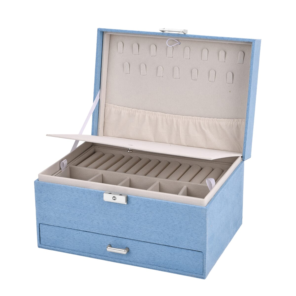 Turquoise Blue Anti Tarnish 4 Layer Velvet and MDF Jewelry Box (9.4“x6.7“x5.6“) image number 6