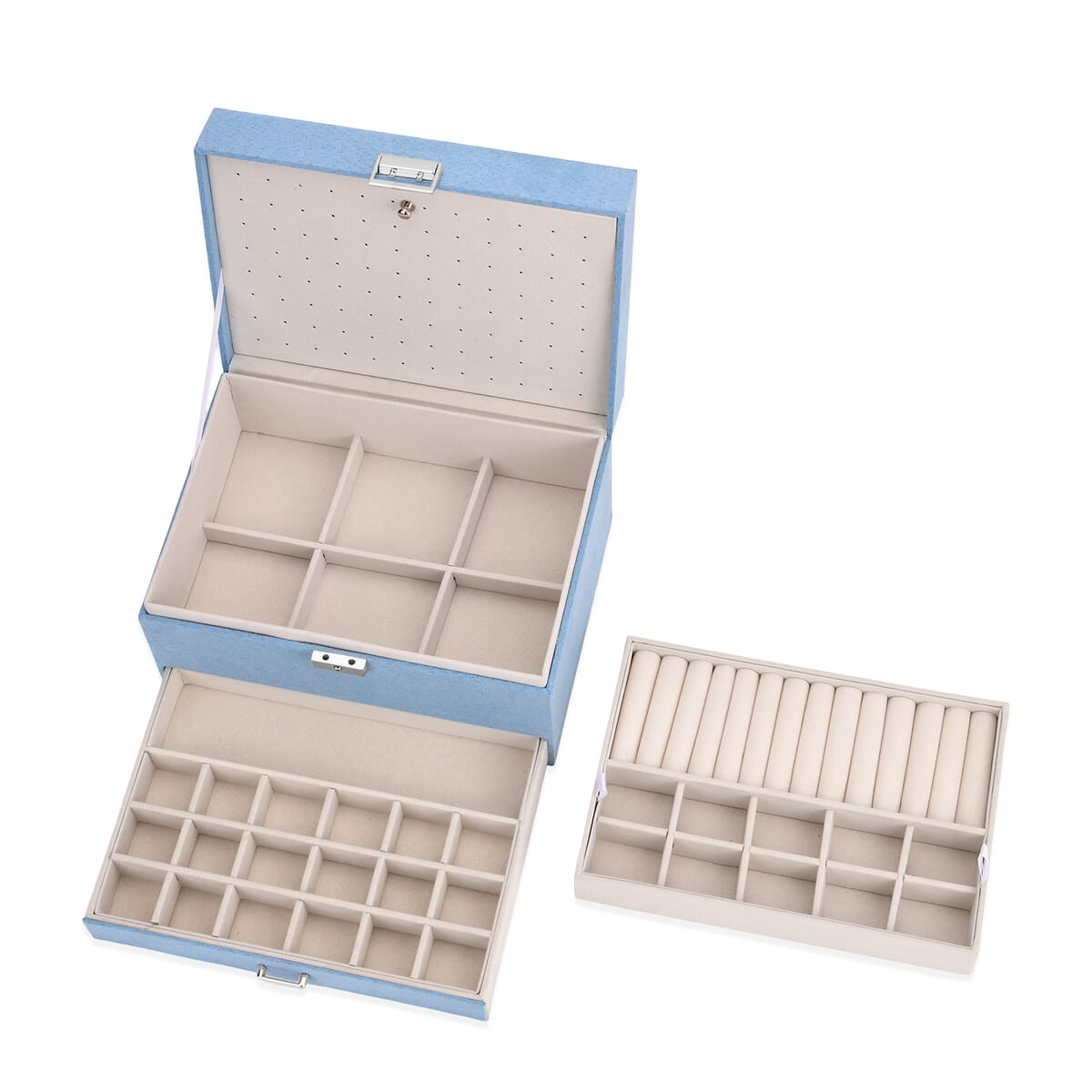 Turquoise Blue Anti Tarnish 4 Layer Velvet and MDF Jewelry Box (9.4“x6.7“x5.6“) image number 7