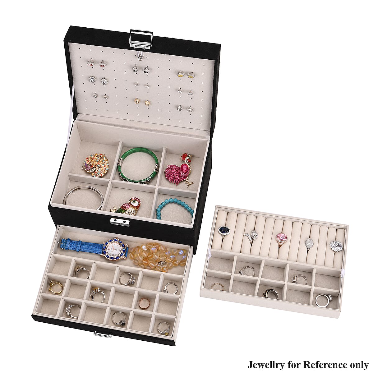 Black Anti Tarnish 4 Layer Velvet and MDF Jewelry Box (9.4“x6.7“x5.6“) image number 0