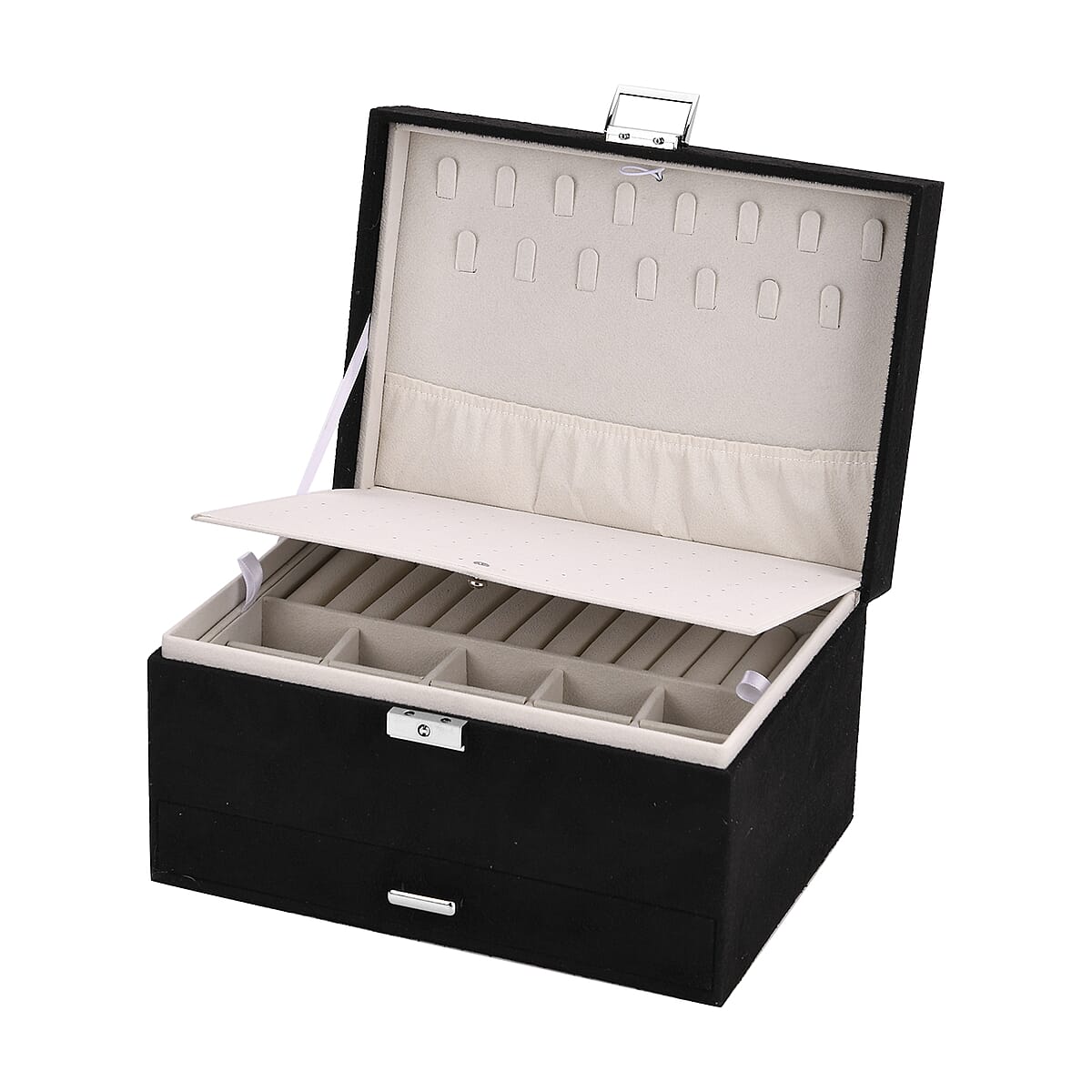 Black Anti Tarnish 4 Layer Velvet and MDF Jewelry Box (9.4“x6.7“x5.6“) image number 6