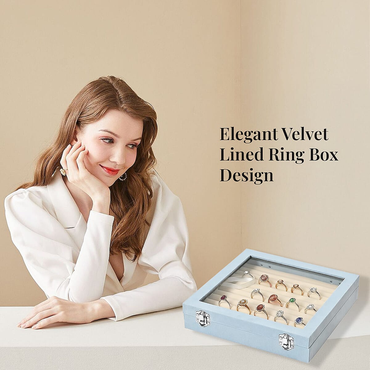 Turquoise Square Velvet Ring Box with Clear Glass Window image number 2
