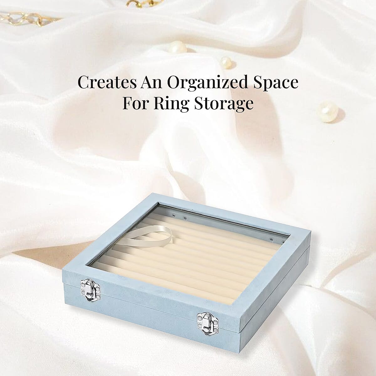 Turquoise Square Velvet Ring Box with Clear Glass Window image number 4