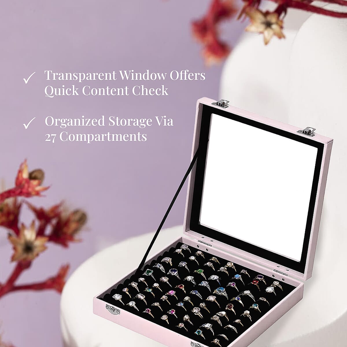 Pink Square Velvet Ring Box with Clear Glass Window image number 1