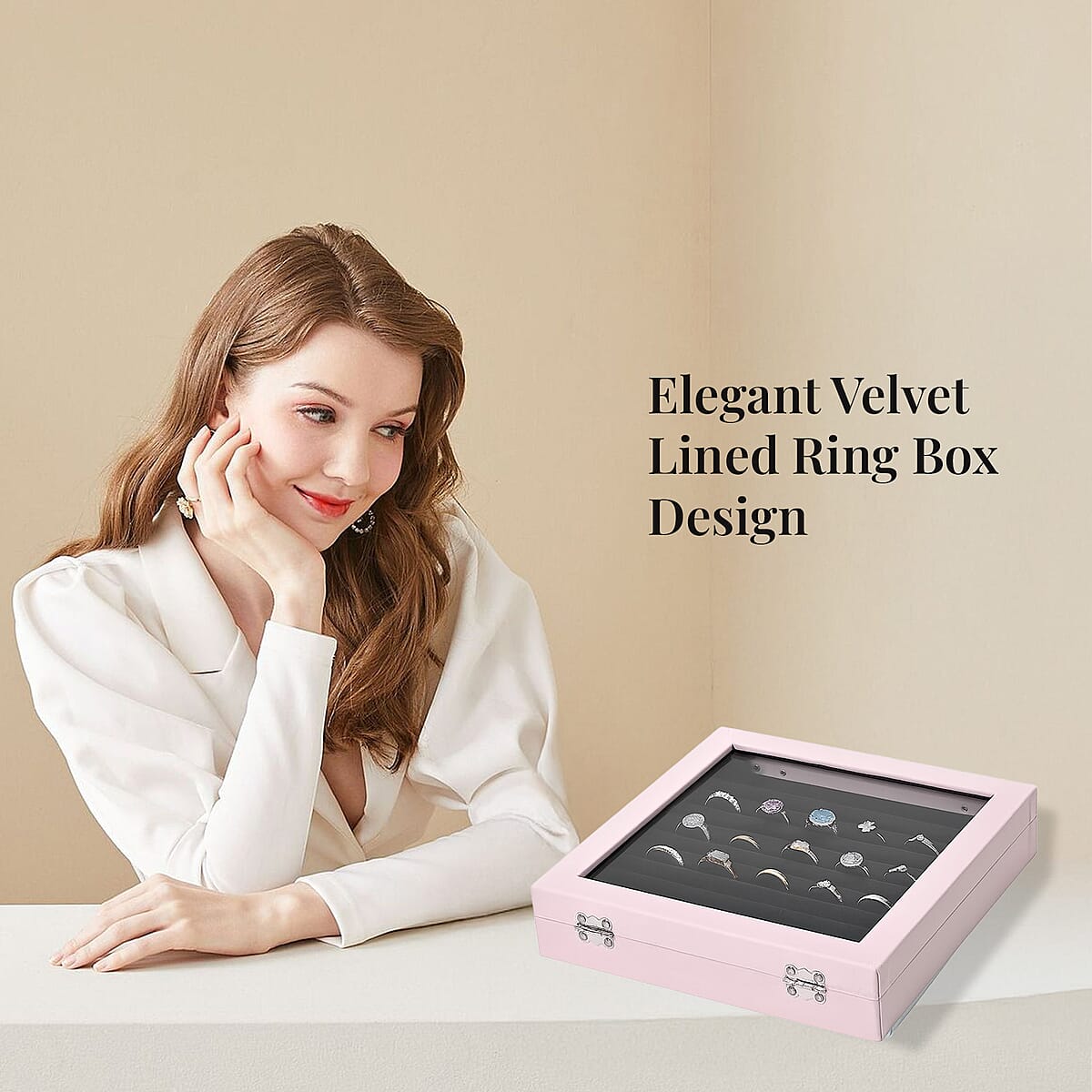 Pink Square Velvet Ring Box with Clear Glass Window image number 3