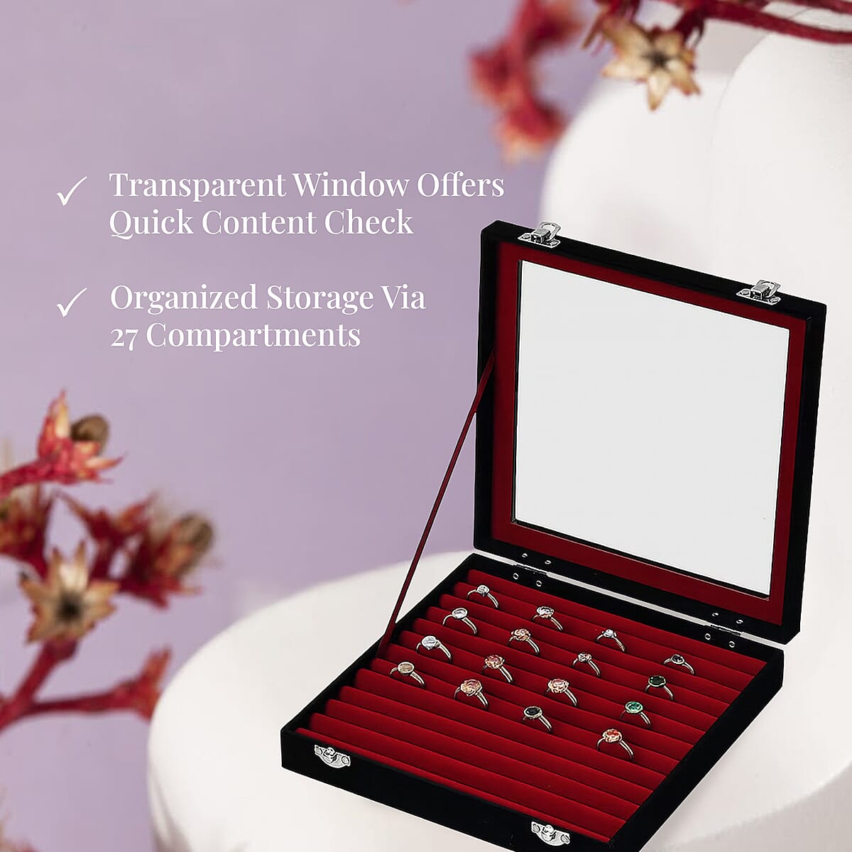 Black Square Velvet Ring Box with Clear Glass Window image number 1