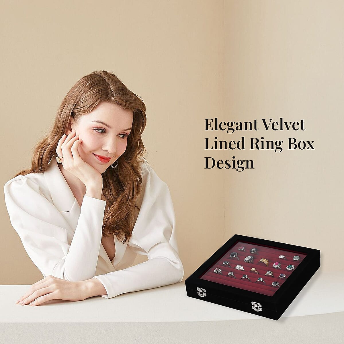 Black Square Velvet Ring Box with Clear Glass Window image number 2