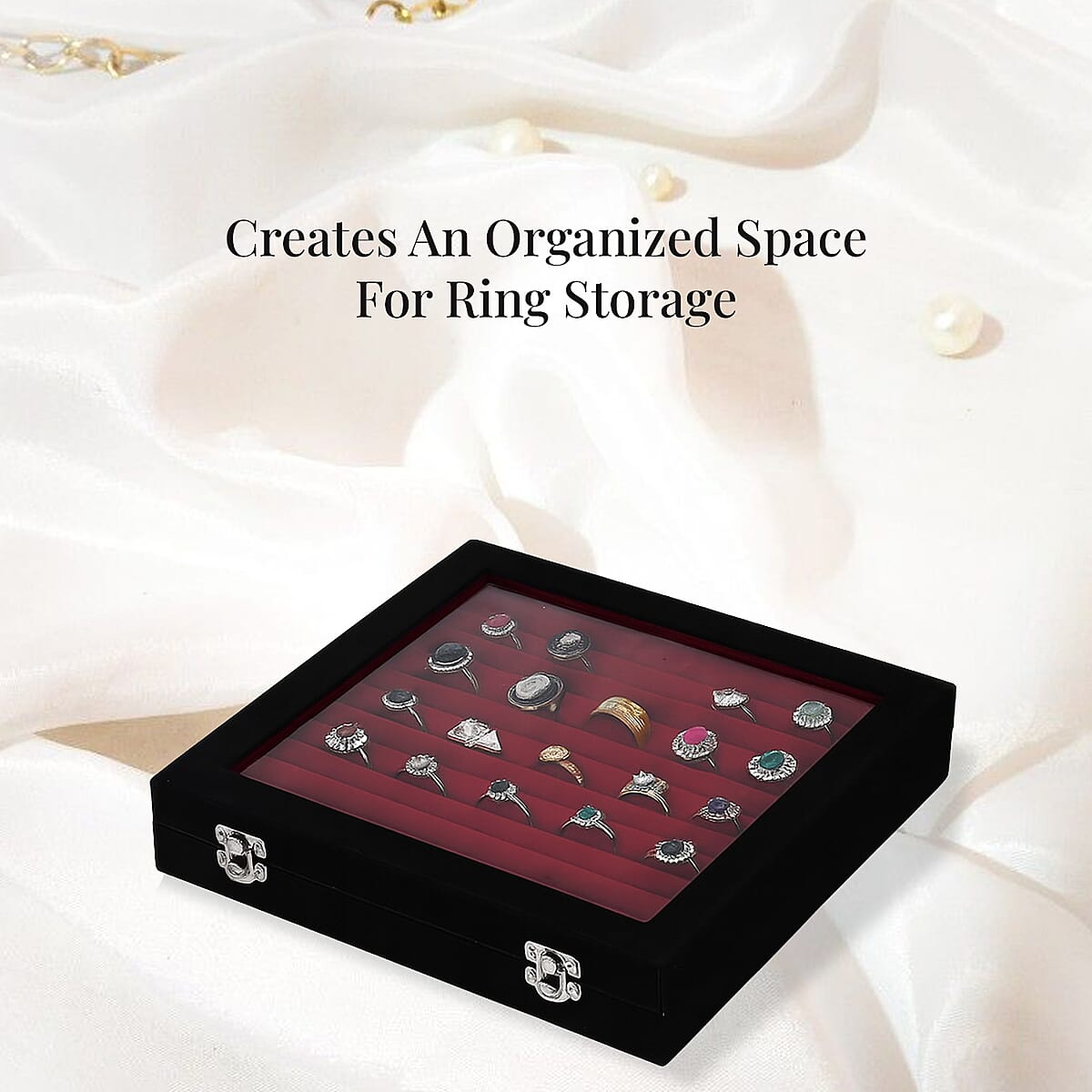 Black Square Velvet Ring Box with Clear Glass Window image number 3