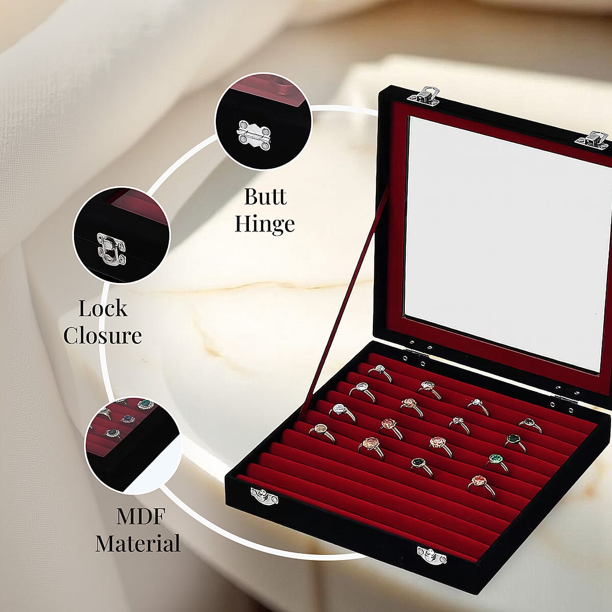 Black Square Velvet Ring Box with Clear Glass Window image number 4