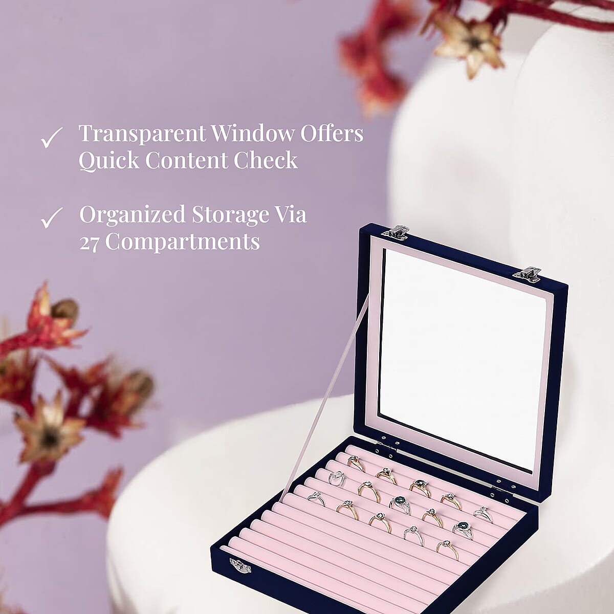 Dark Blue Square Velvet Ring Box with Clear Glass Window image number 1