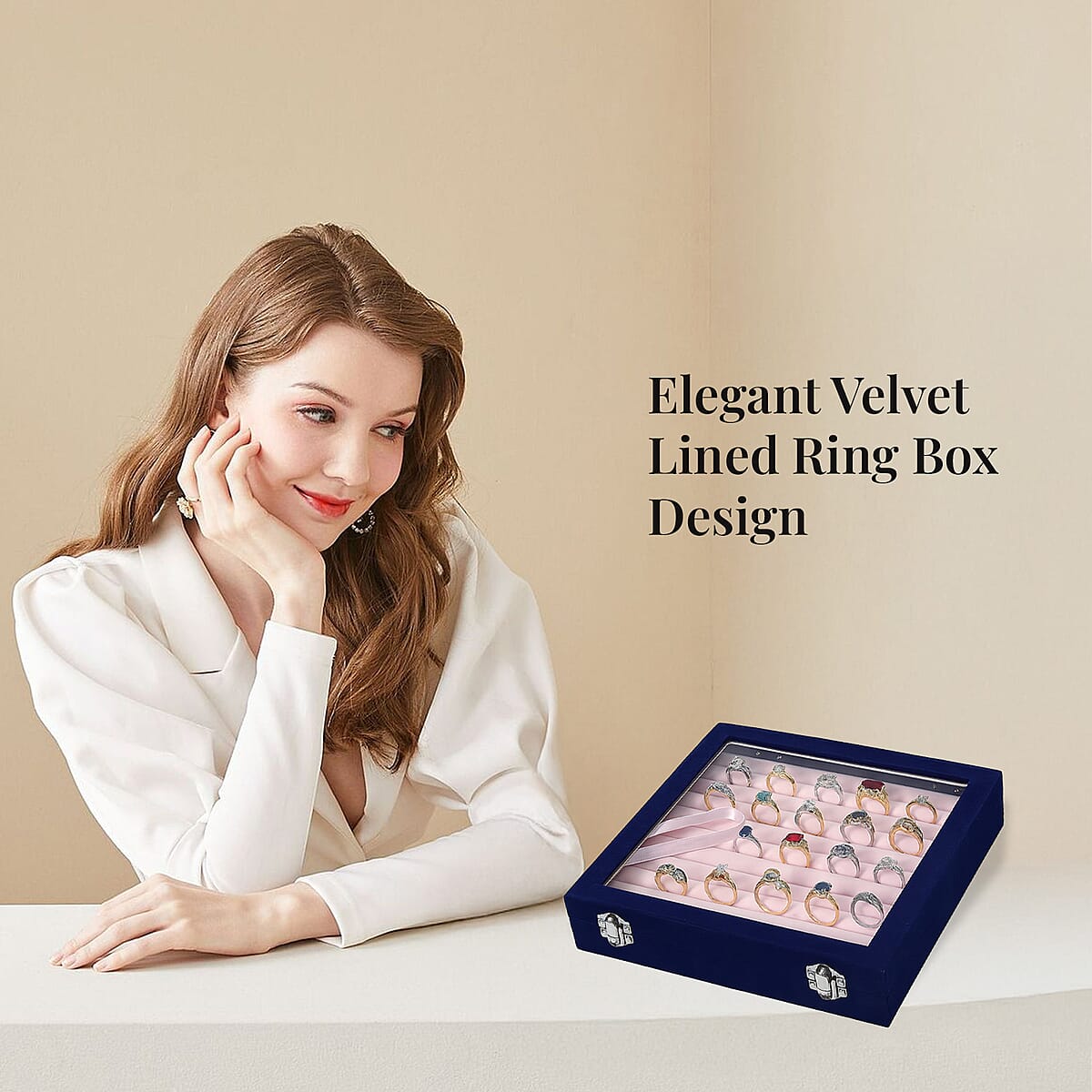 Dark Blue Square Velvet Ring Box with Clear Glass Window image number 2