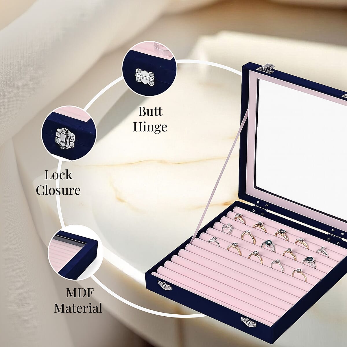 Dark Blue Square Velvet Ring Box with Clear Glass Window image number 3