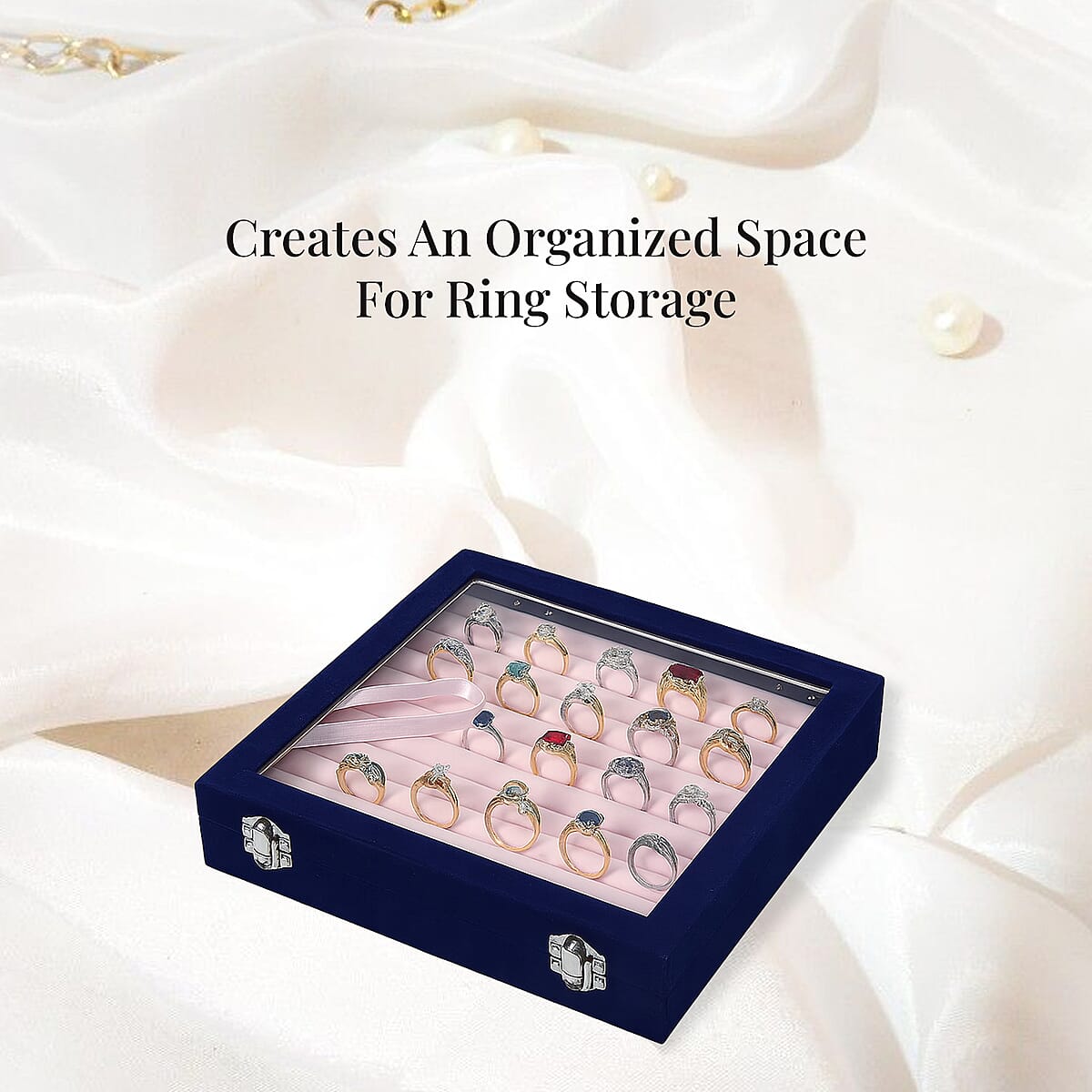 Dark Blue Square Velvet Ring Box with Clear Glass Window image number 4