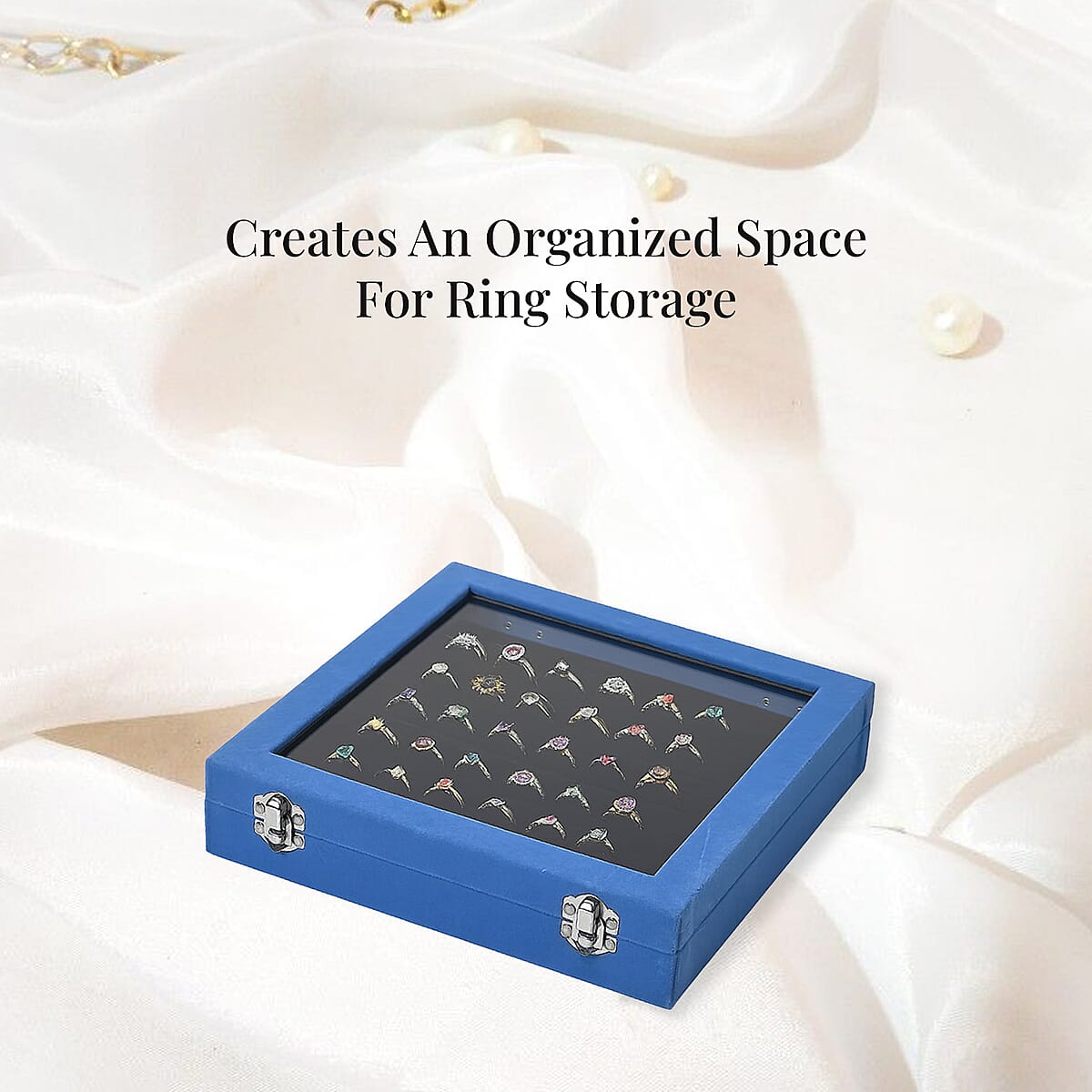 Teal Square Velvet Ring Box with Clear Glass Window image number 4