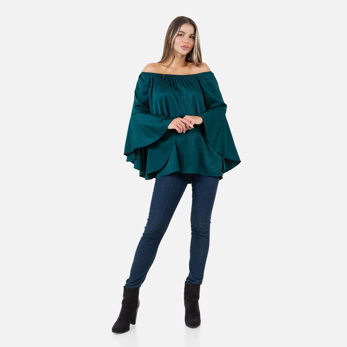 Fever Teal Jacquard Women's Holiday Symphony Sleeve Blouse - S image number 0