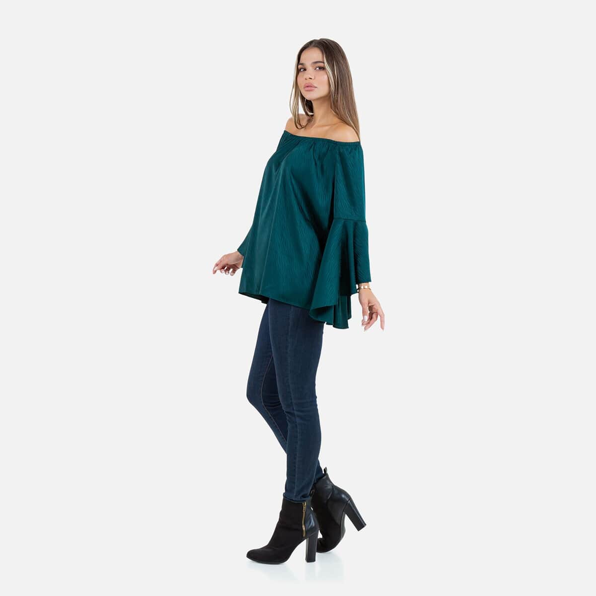 Fever Teal Jacquard Women's Holiday Symphony Sleeve Blouse - S image number 2