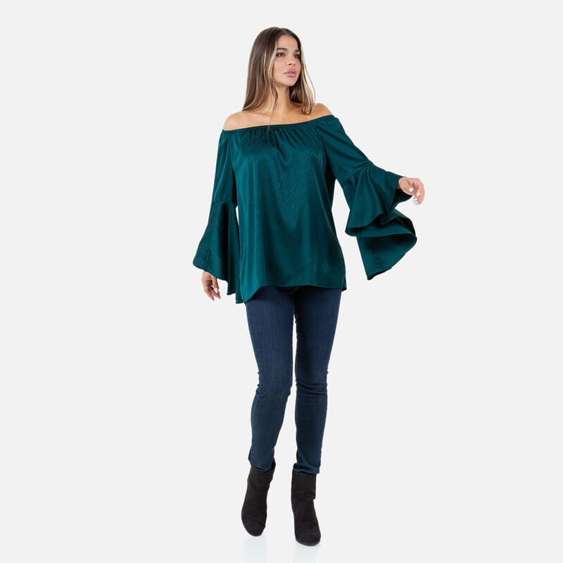 Fever Teal Jacquard Women's Holiday Symphony Sleeve Blouse - S