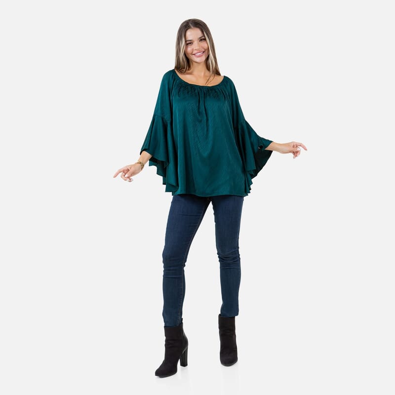 Fever Teal Jacquard Women's Holiday Symphony Sleeve Blouse - S