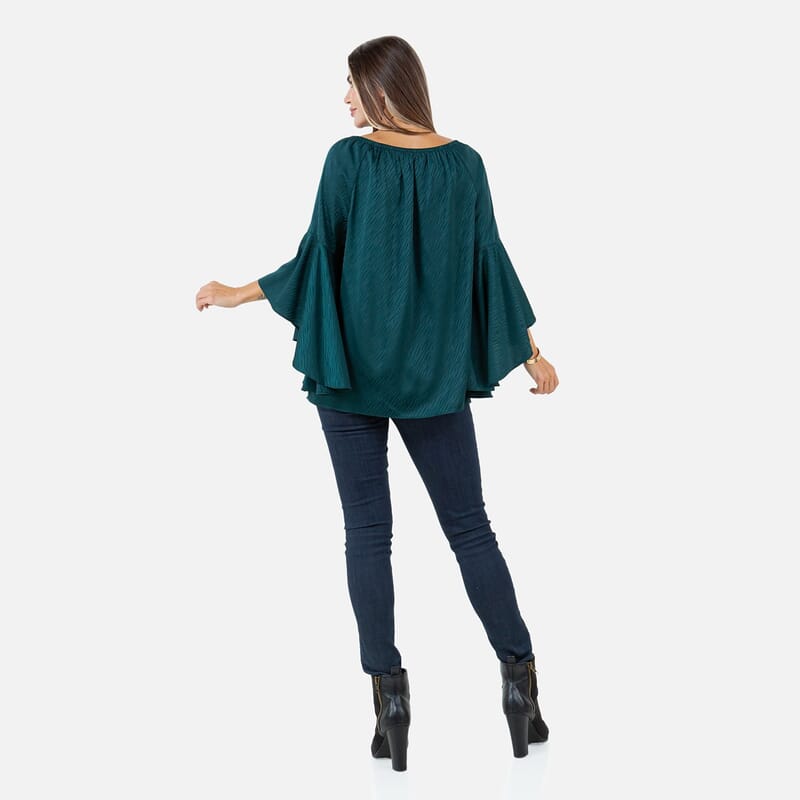 Fever Teal Jacquard Women's Holiday Symphony Sleeve Blouse - S