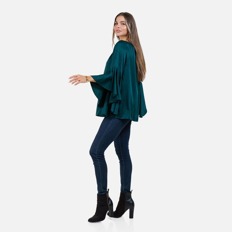 Fever Teal Jacquard Women's Holiday Symphony Sleeve Blouse - S