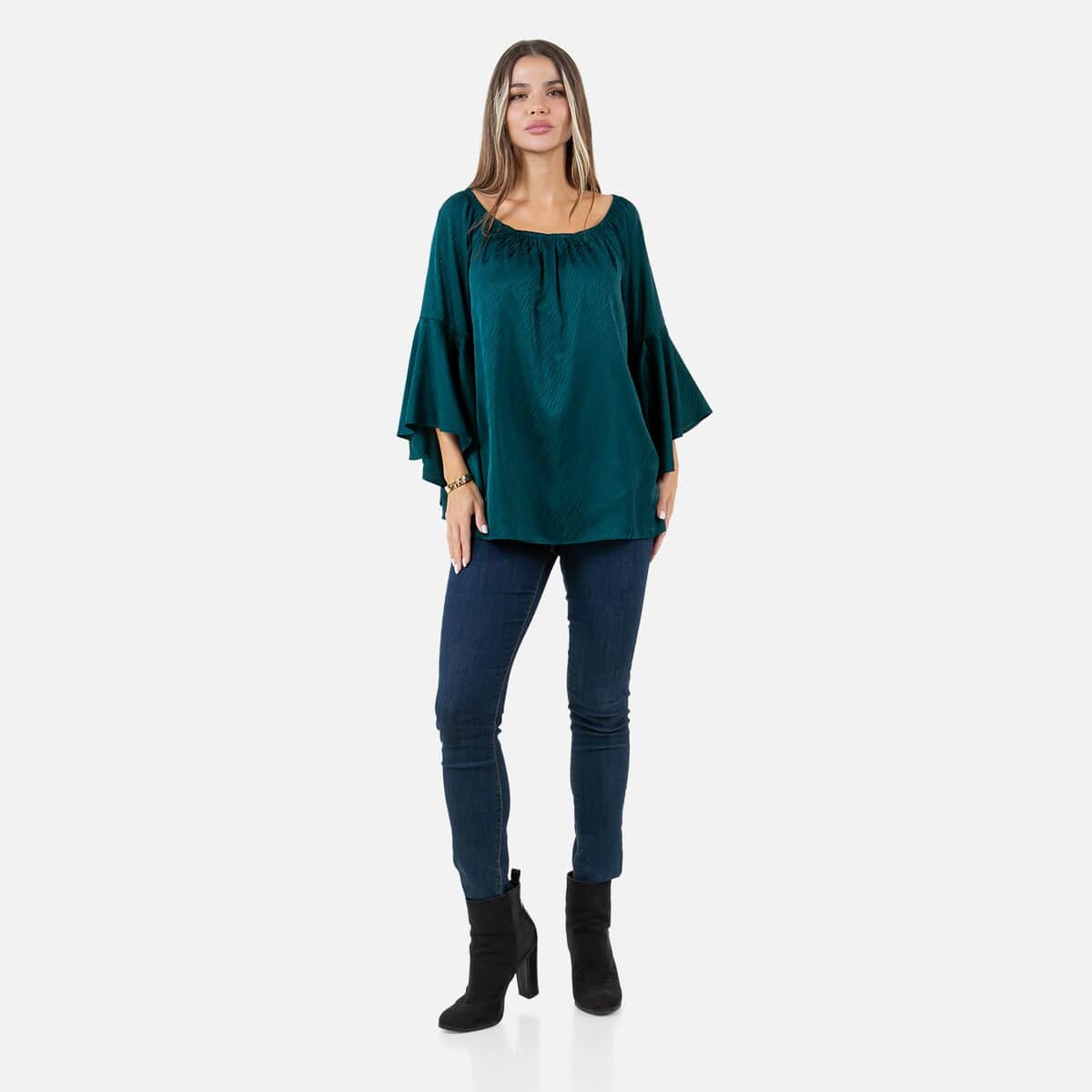 Fever Teal Jacquard Women's Holiday Symphony Sleeve Blouse - S image number 7