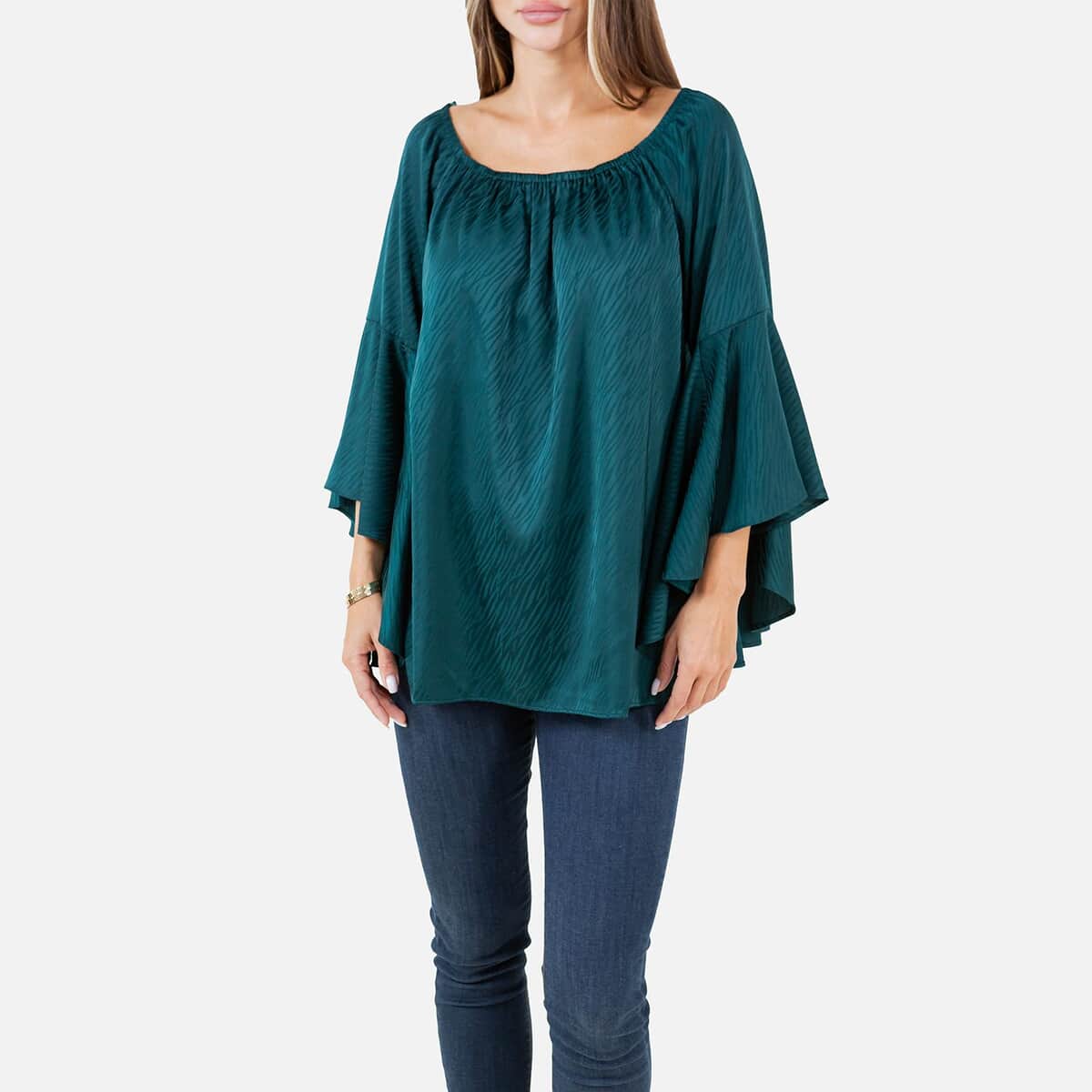 Fever Teal Jacquard Women's Holiday Symphony Sleeve Blouse - S image number 8