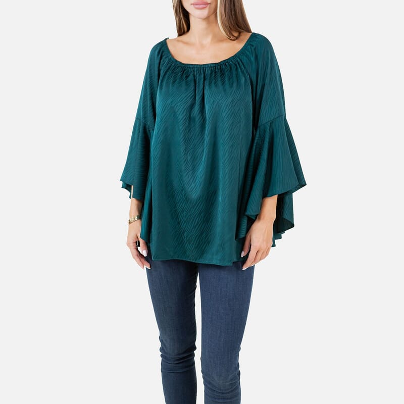 Fever Teal Jacquard Women's Holiday Symphony Sleeve Blouse - S