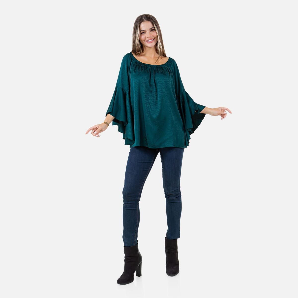 Fever Teal Jacquard Women's Holiday Symphony Sleeve Blouse - M image number 4