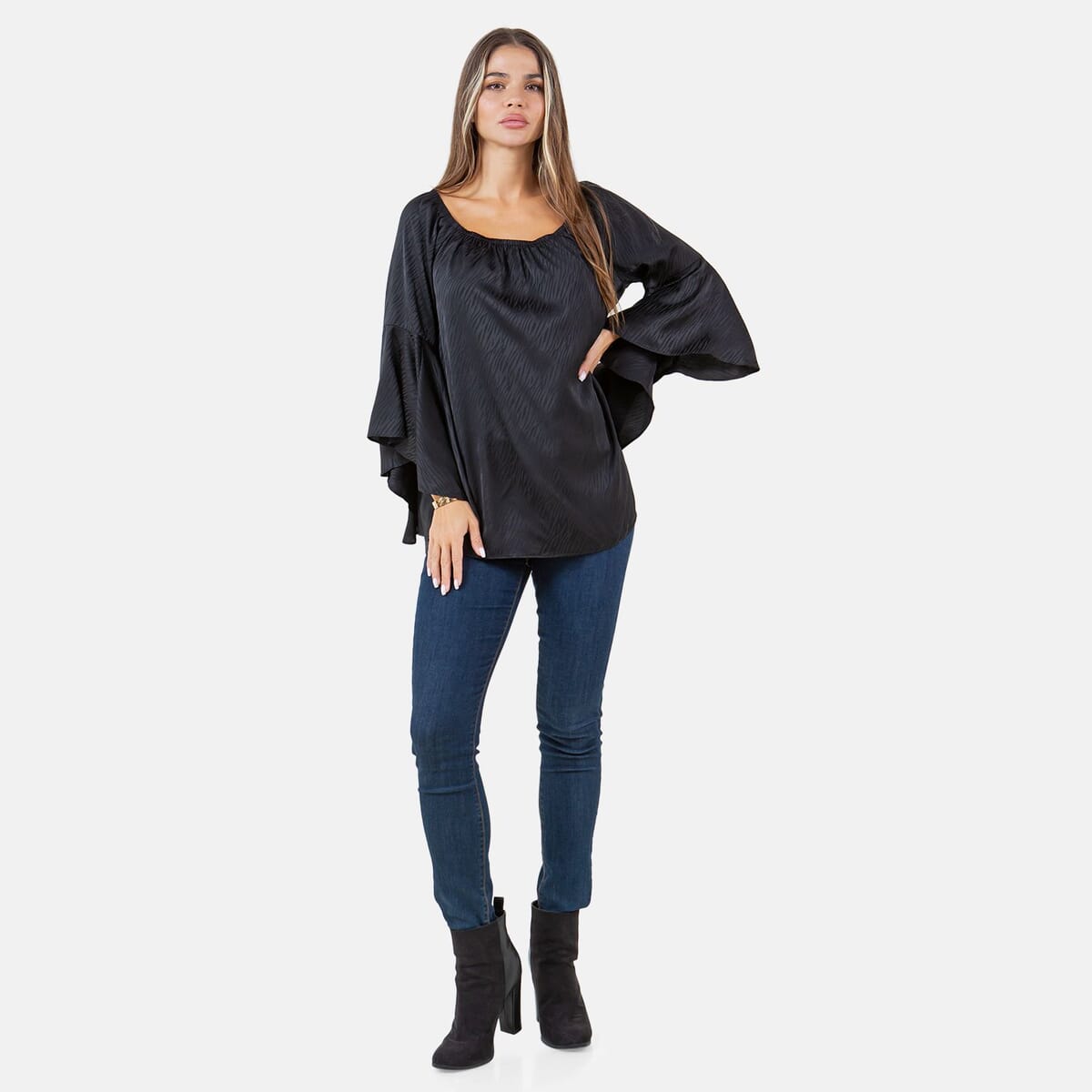 Fever Black Jacquard Women's Holiday Symphony Sleeve Blouse - L image number 4