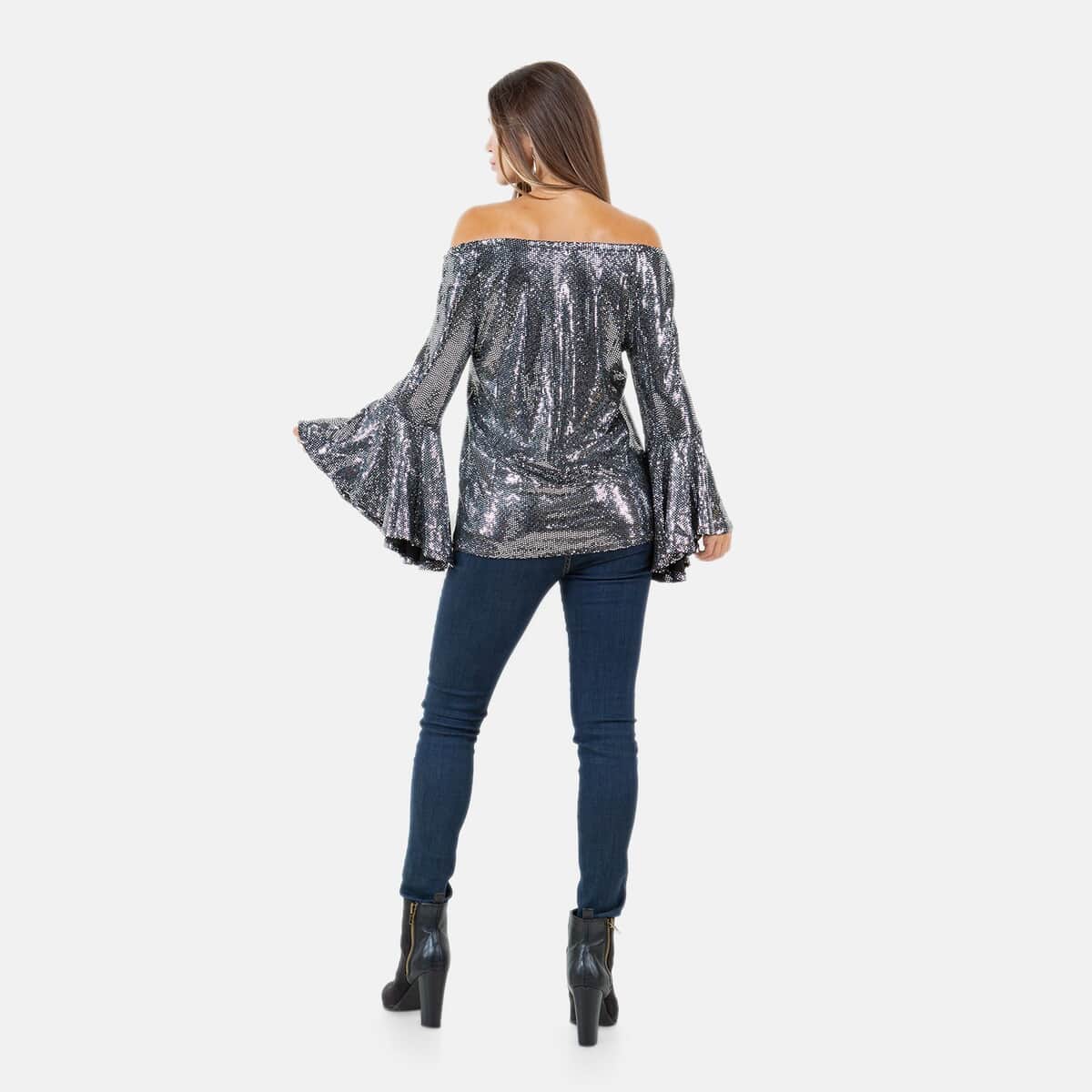 Fever Silver Glitter Women's Holiday Symphony Sleeve Blouse - S image number 1