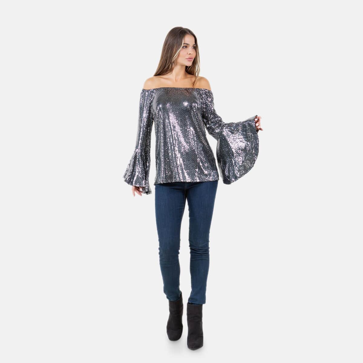 Fever Silver Glitter Women's Holiday Symphony Sleeve Blouse - S image number 2