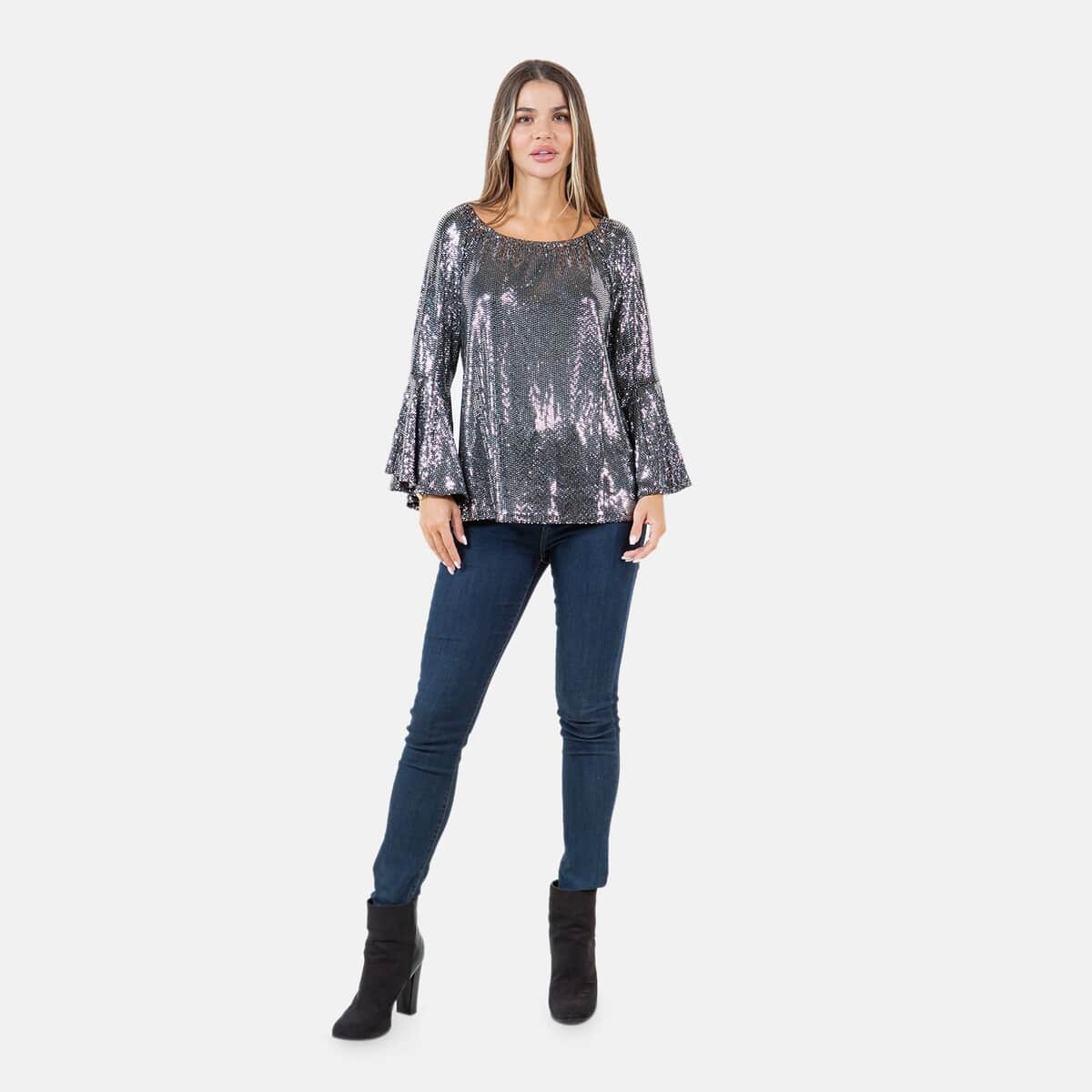 Fever Silver Glitter Women's Holiday Symphony Sleeve Blouse - S image number 4