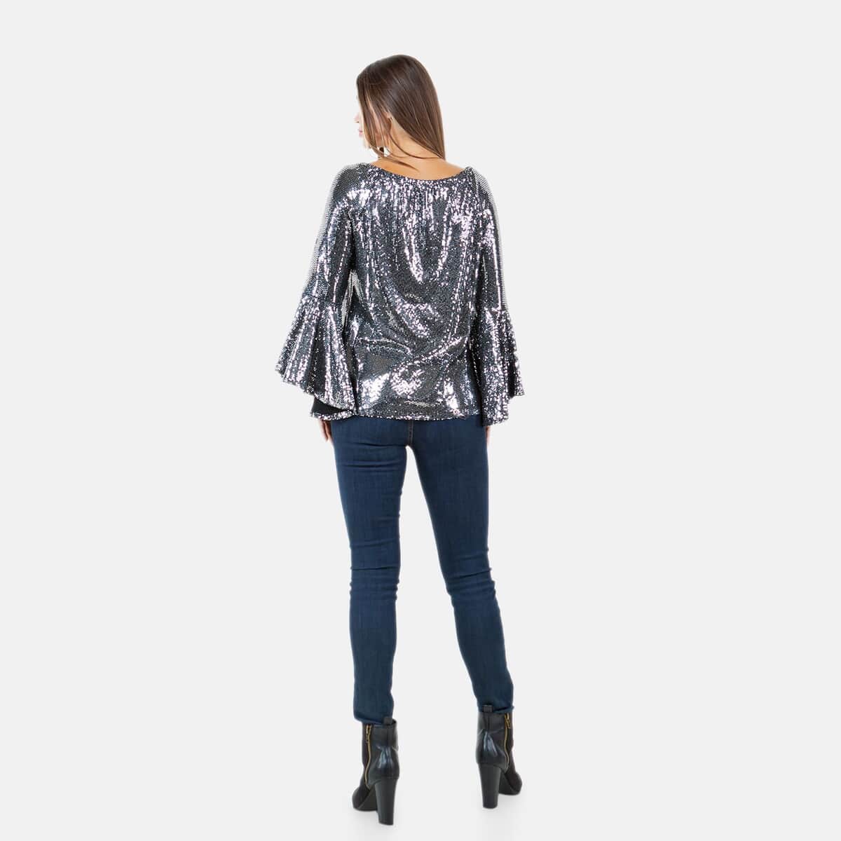 Fever Silver Glitter Women's Holiday Symphony Sleeve Blouse - S image number 5